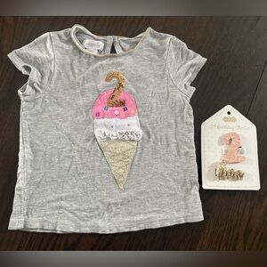 Mud Pie Gray Ice Cream Cone Kids Tee 2 Second Birthday Party Hair Clip Set
